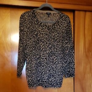 Talbots Leopard Print Fine Italian Merino Wool Cardigan Sweater in Tan & Black